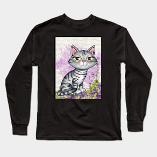 Cute Gray Tabby Kitty with purplish background and flowers Long Sleeve T-Shirt